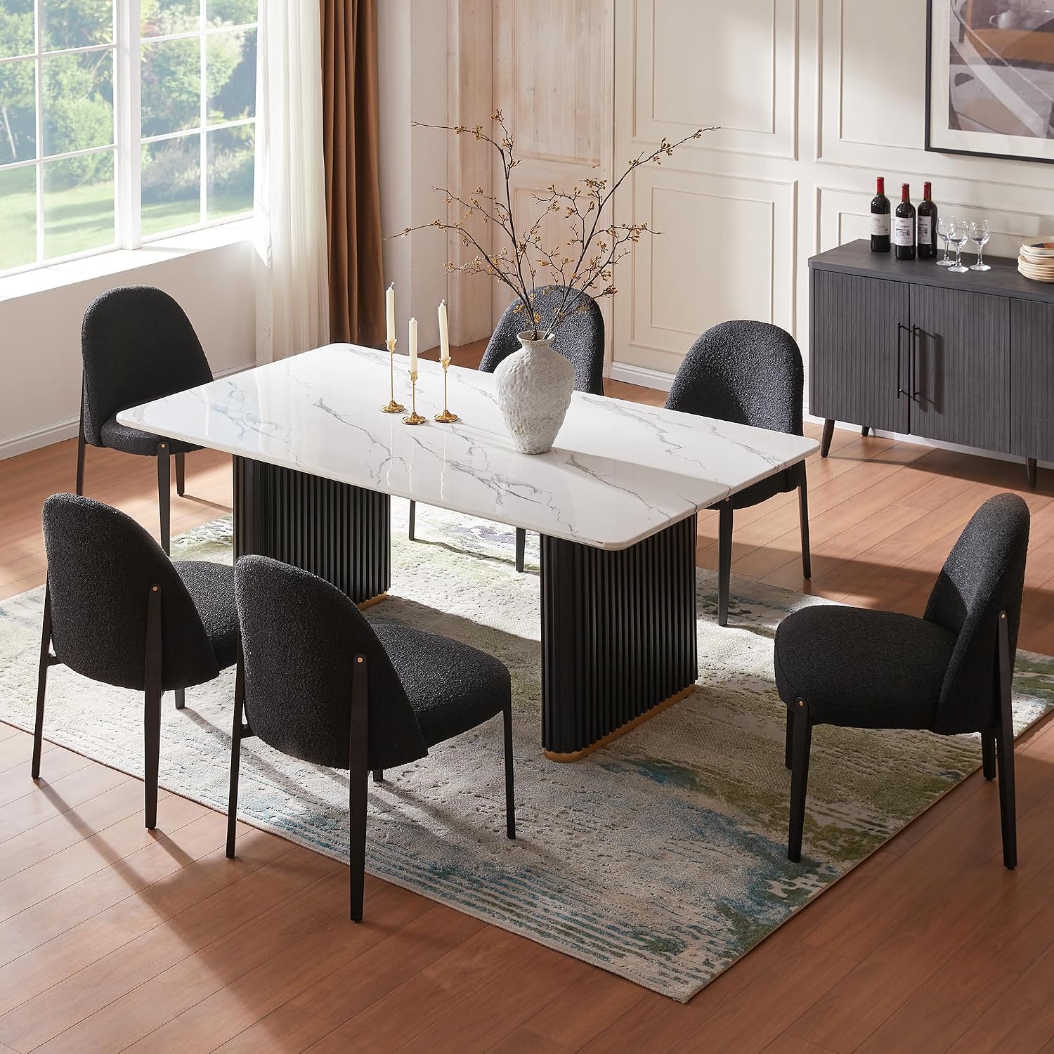 Morden Fort Boucle Dining Chairs Set of 4, Thick Upholstered Chairs with Metal Legs & Curved Backrest, Post Modern Minimalist Chair for Dining Room, Kitchen, Living Room, Bedroom, Apartments, Black