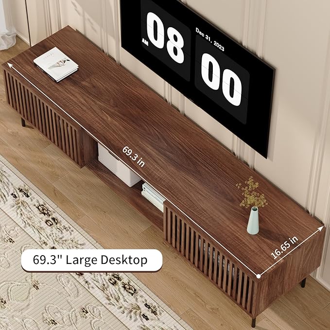 HOMMPA 70 Inch TV Stand for TVs Up to 80'', Mid Century TV Stand with Slatted Door Design, Modern Media Console with Storage Cabinet & Drawer, Entertainment Center for Livingroom, Walnut