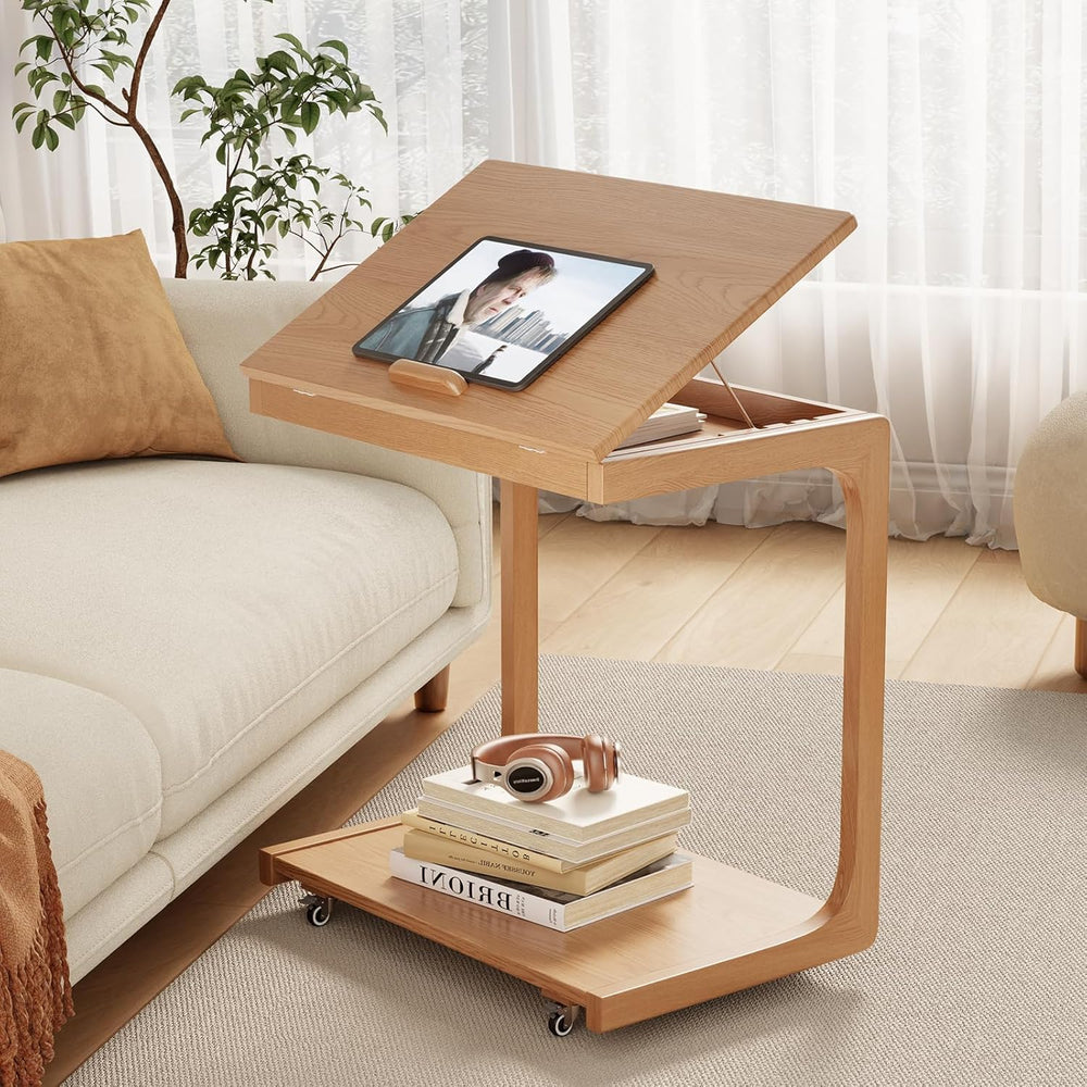 AQIMUELE Wooden C-Shaped End Table,Couch Table with Adjustable Desktop,Small ...
