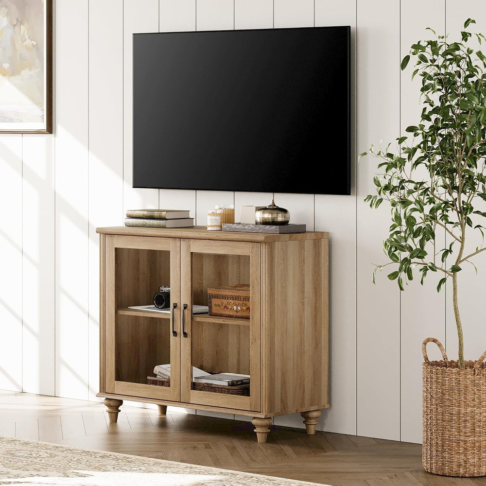 WAMPAT Buffet Cabinet with 2 Glass Doors&Adjustable Shelf, Oak
