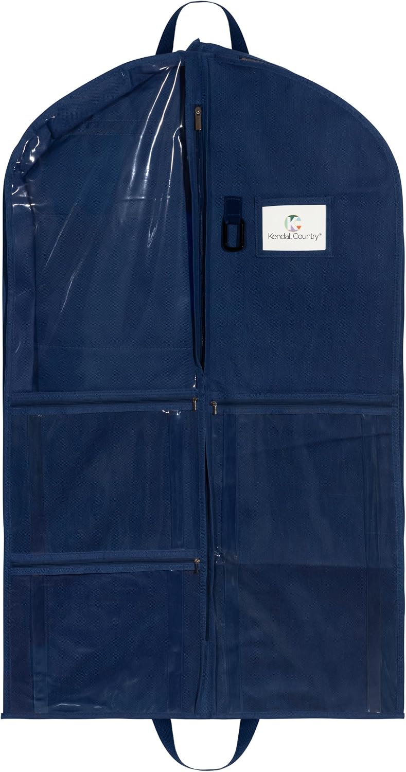 Waterproof Hanging Garment Bag 40 inch Clothes Bag with Gusset, 5 Pockets & Side Zip for Dance Costumes, Sports, Skating, Theatre, Beauty Pageants,Cheer & More by Kendall Country, Navy Blue