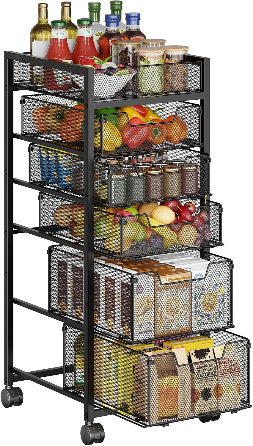 6-Tier Rolling Cart with 5 Drawers & Top Basket, Snack Cart with Wheels |...