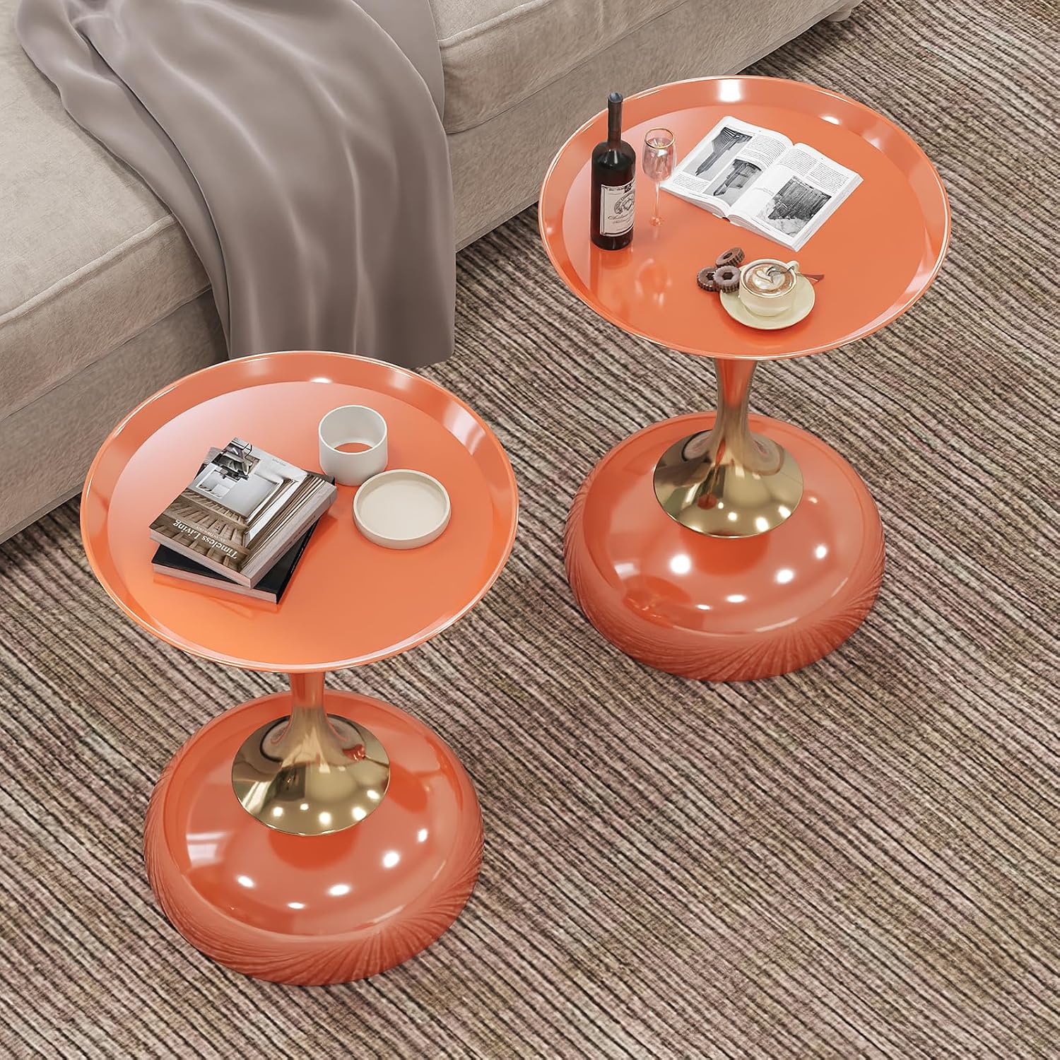 2-Pack Hermes Orange Sleek Hourglass Side Table - Glossy Finish & Metallic Accent | Contemporary End Table for Living Room & Home Decor Spaces