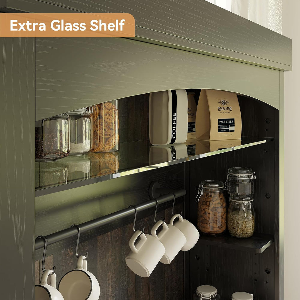 Takywep Tall Coffee Hutch with LED Lights Tall CoffeeBar Cabinet Farmhouse Bu...