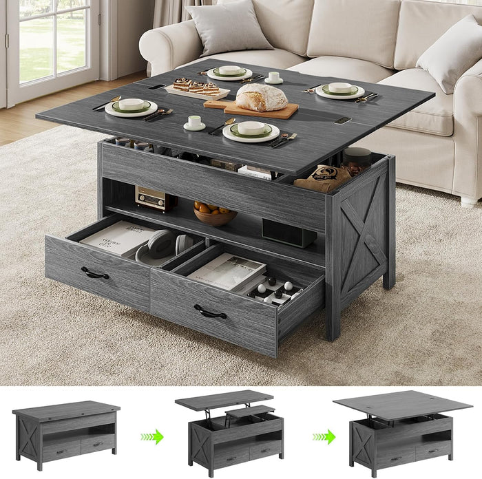Marsail 40" Lift Top Coffee Table, 4 in 1 Coffee Table with Hidden Compartment, 1 Open Shelf and 2 Drawers, Multifunctional Farmhouse Center Table for Living Room and Home Office, Grey