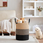 VIPOSCO Tall Laundry Basket, Large Dirty Clothes Hamper with Leather Handle, Woven Rope Storage Basket for Blanket, Toy In Living Room, Bathroom, Bedroom - 58L Brown & Black