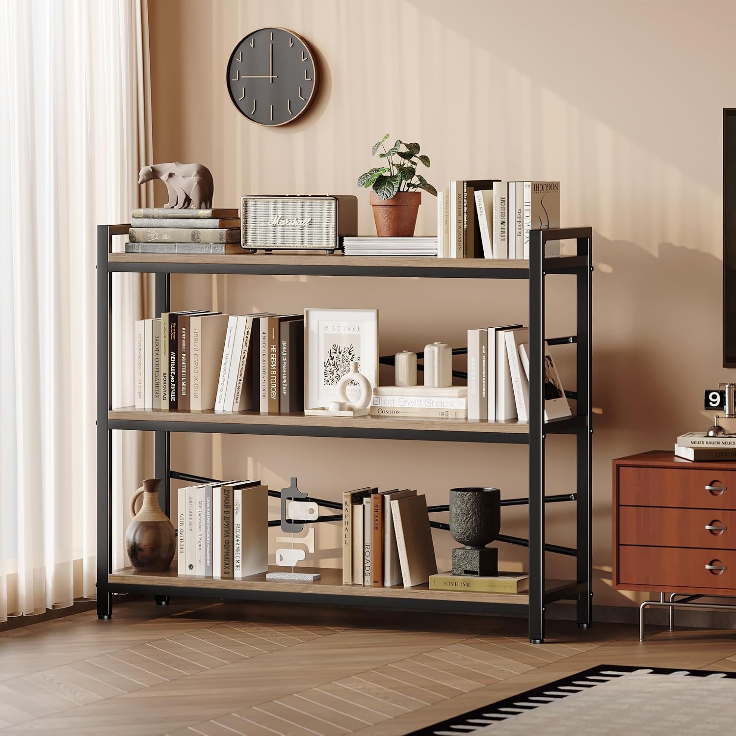 3 Tier Bookshelf 39.37" Width, Dorm Desk Hutch, Desk Shelf, Long Industrial Bookcase, Wooden Large Book Shelf for School Home Living Room Bedroom Office Storage(Light Coffee)