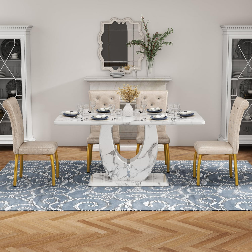 Modern Faux Marble Dining Table Set for 4, 63" White Rectangular Kitchen...