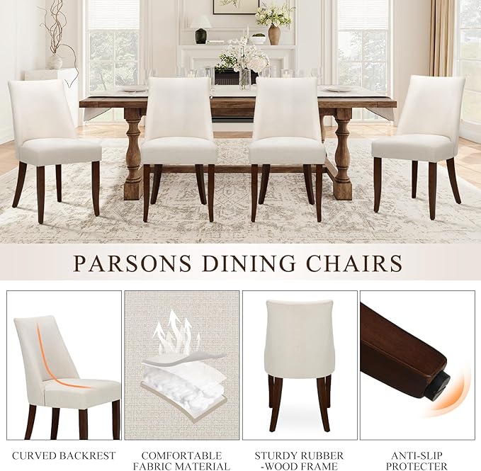 Upholstered Dining Chairs Set of 6, Mid Century Modern Kitchen Chairs with Back, Farmhouse Fabric Side Dining Room Chairs with Wood Legs for Dining Room Restaurant, Beige
