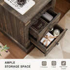 Farmhouse Nightstand with Charging Station, 18" Modern Wood Side Table, 2 Drawers End Table & Roman Column Design for Living Room, Bedside Table with Open Shelf for Bed Room, Dark Rustic Oak
