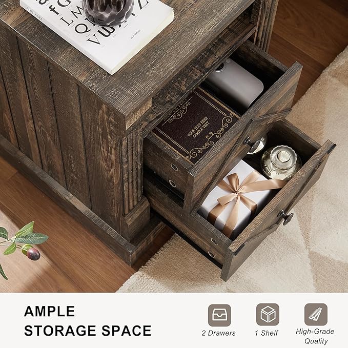 Farmhouse White Night Stand Set of 2, 18" Nightstand with Charging Station, Wood Rustic End Table, Roman Column Design, Modern Design Bedside Cabinet for Bedroom,Home, Dark Rustic Oak