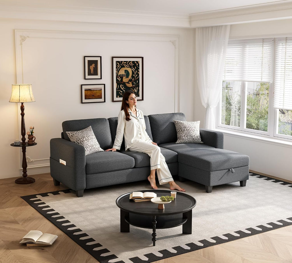 Youmumeub 78" Sectional Sofa Couches for Living Room, 3 Seat L Shaped Convertible Couch with Storage Ottoman, Comfortable Pet-Friendly Linen Sofa Set for Small Space, Apartment, Office, Dark Grey