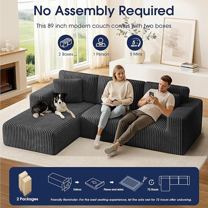 KINGYES 107'' Modular Sectional Sofa, L Shaped Cloud Couch for Living Room, Modern Plush Corduroy Boneless Sofa with Chaise for Bedroom, Gray
