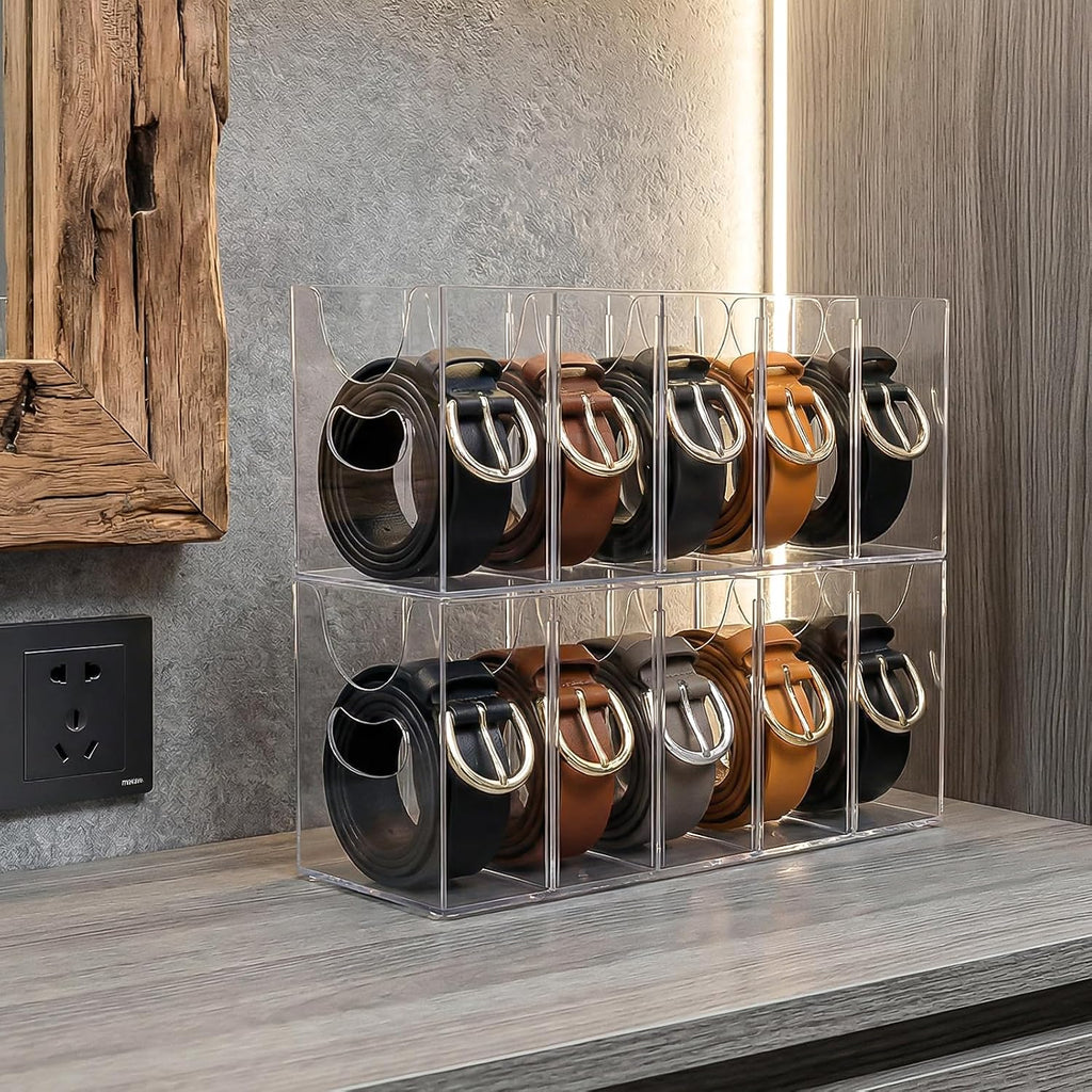 Kifmurase 2PCS Belts Organizer Acrylic Belt Storage Holder Purse Organizer for Closet with Removable Dividers, 5 Compartments Clear Belt Drawer Display and Storage Case for Ties Socks Underwear