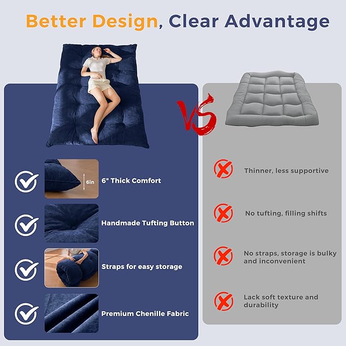 MAXYOYO Japanese Floor Mattress Queen Size, 6" Foldable Futon Mattress Tufted Roll Up Floor Bed, Thick Chenille Tatami Mat Sleeping Pad for Camping Guest Room Dormitory Bedroom RV, Navy