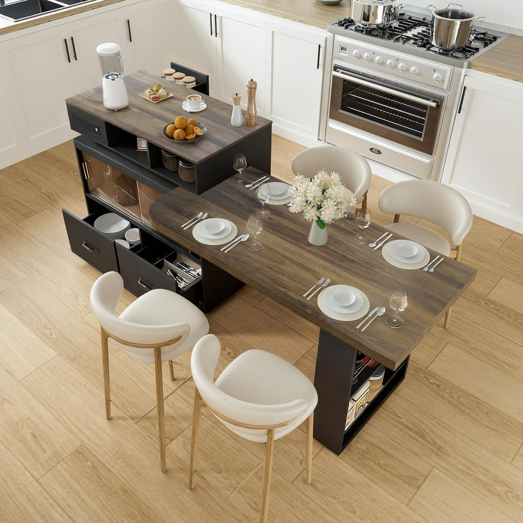 kitchen island with extendable table & 360° Swivel Tabletop, Rolling Kitchen Island Cart with Storage & Seating 4, Mobile Kitchen Island Table with Cabinet, Drawers & Shelves, Black Brown Wood