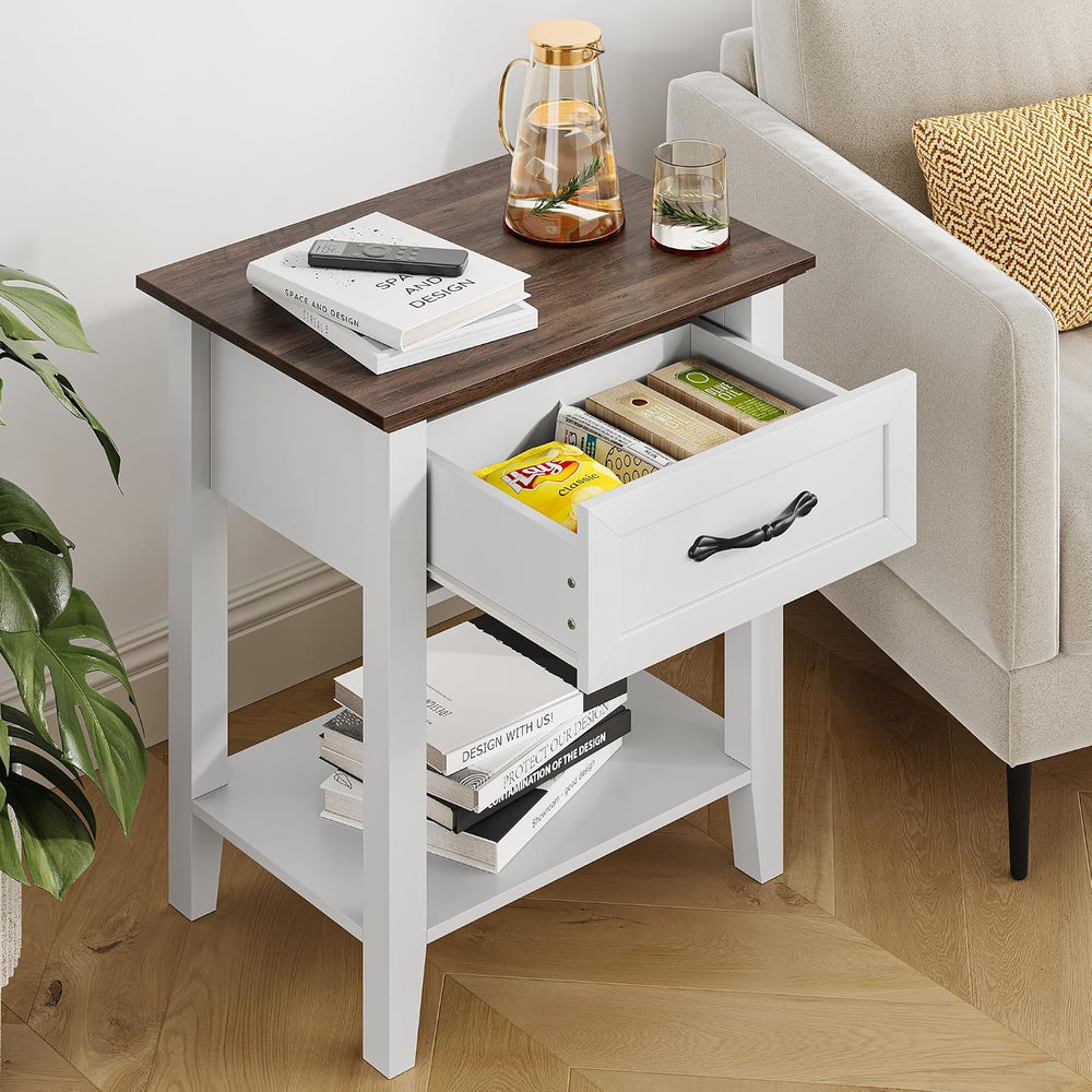 Side Table, Wood Coffee Table with Drawer Square Nightstand with Open Storage...