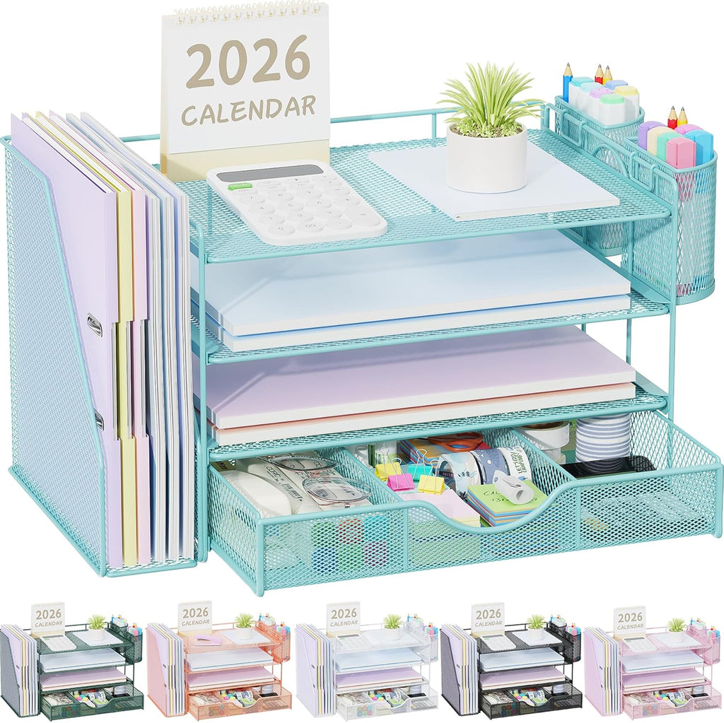 gianotter Desk Organizers and Accessories with File Holder, 4-Tier Desk Accessories & Workspace Organizers with Drawer and 2 Pen Holder, Paper Organizer for Office Supplies (Blue)