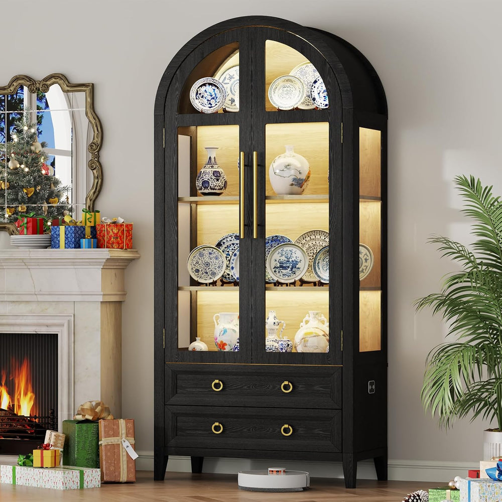 Vlsrka 71" Arched Curio Cabinet with Glass Doors, 4-Shelves Display Cabi...