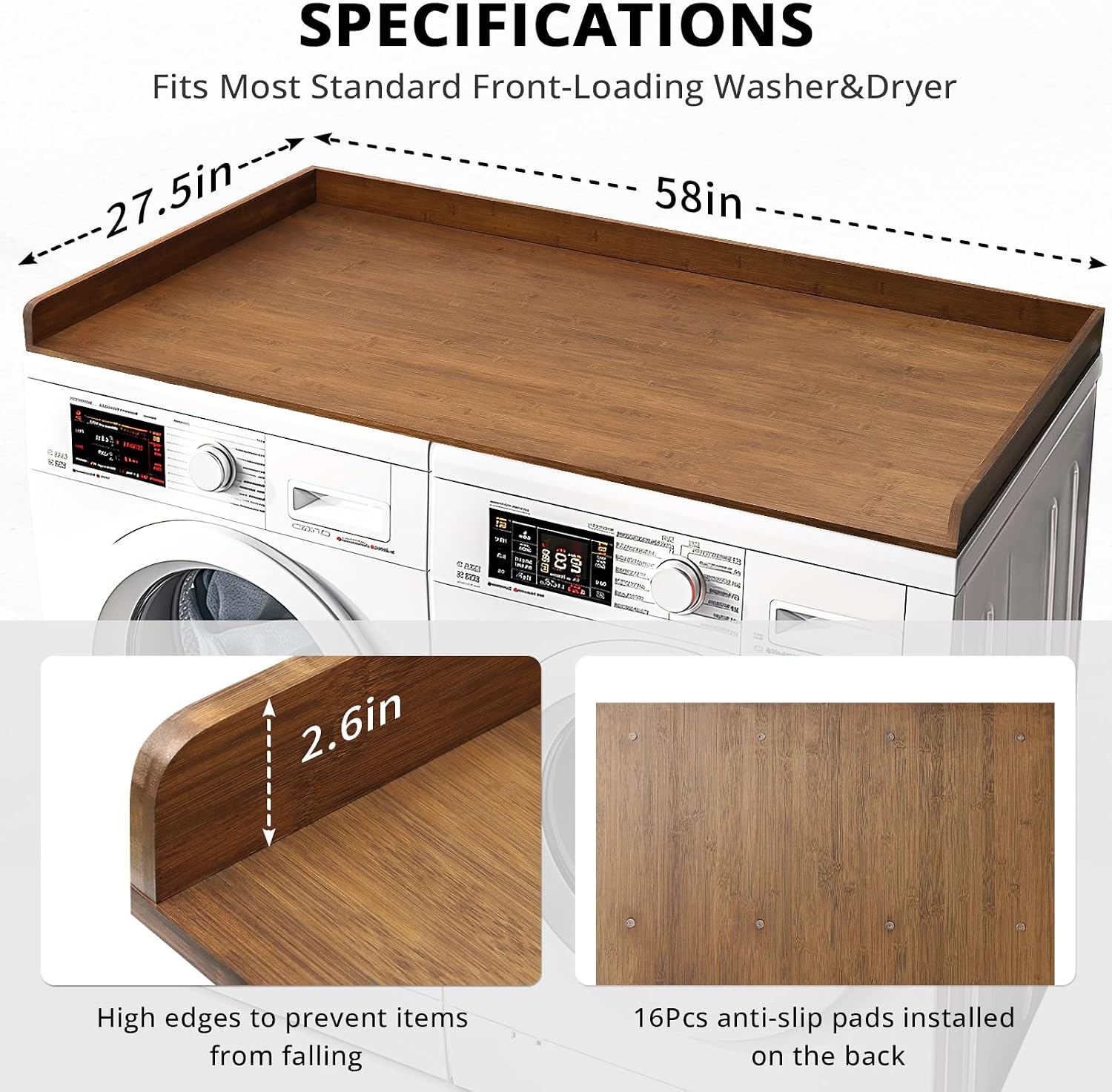 Gashell Washer Dryer Countertop, 27.5" x 58" Bamboo Washer and Dryer Countertop for Laundry Room Organization(Retro Brown)
