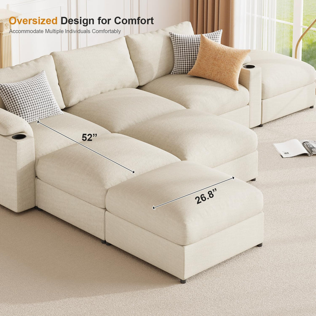 Couches Oversized Chenille Cloud Sofa (Chenille Beige, U Shaped 8 Seat) | Sectional Couch Chaise Detachable Armrest Cushion FSC Certified U Shaped Convertible Modular Sleeper Sofa for Living Room