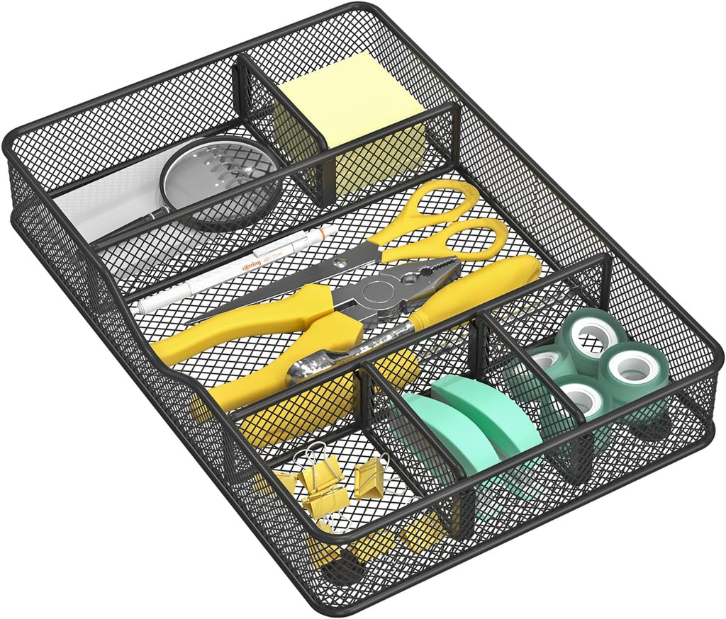 Desk Drawer Organizer Tray, Metal Mesh Drawer Organizer for Office & Home, 6 Adjustable Compartments, Black, 2 Pack - 12.87x8.73x1.96 inch