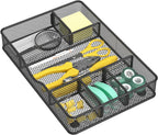 Desk Drawer Organizer Tray, Metal Mesh Drawer Organizer for Office & Home, 6 Adjustable Compartments, Black, 2 Pack - 12.87x8.73x1.96 inch