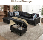 Leather 3-Piece L-Shaped Couches for Living Room, Sectional Sofa with Storage Ottoman & Movable Chaise, Modular Convertible Couch for Bedroom & Apartment, Deep Black