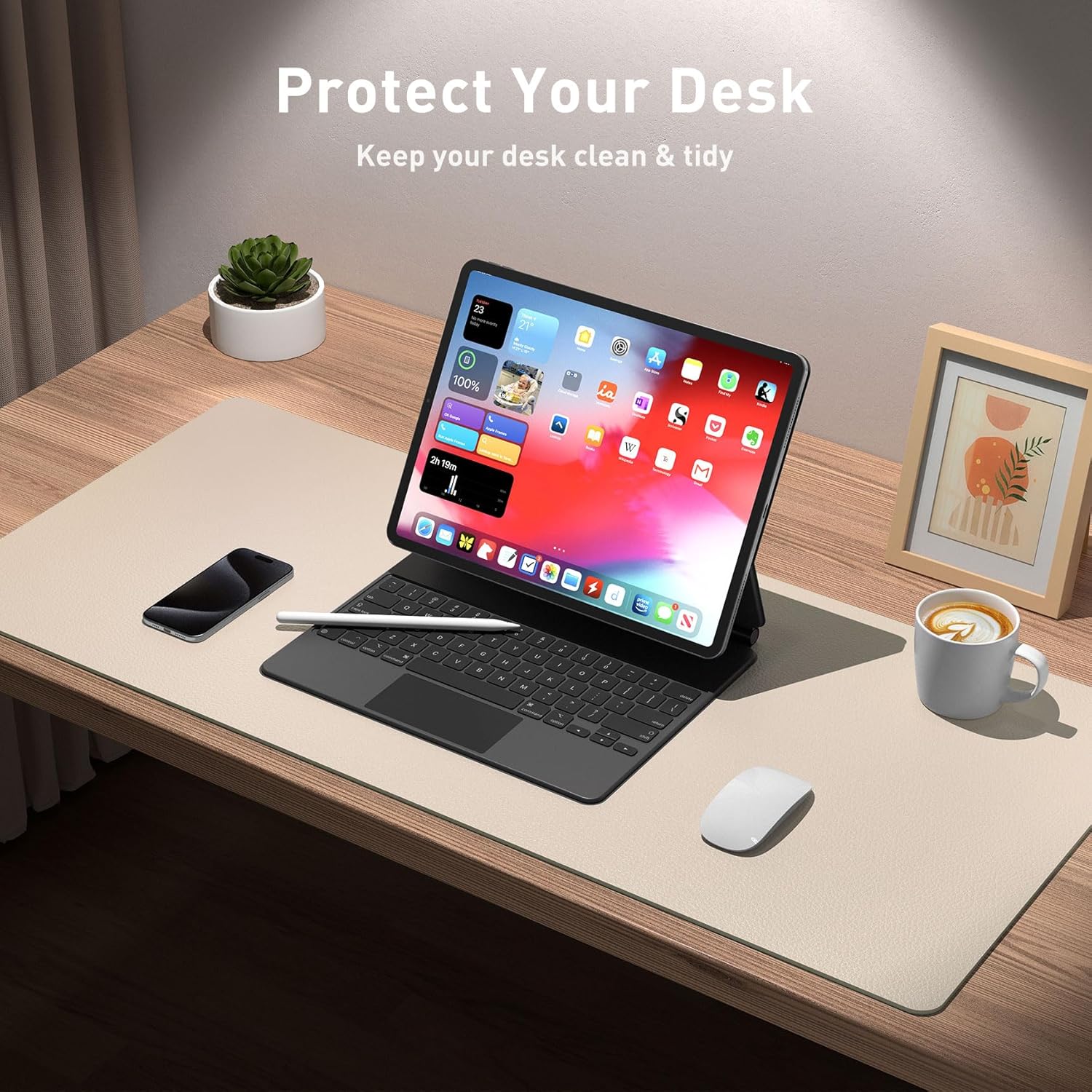 Aothia Large PU Leather Desk Pad Protector – Non-Slip Mouse Pad & Writing Mat for Office/Home, Waterproof, Easy to Clean (36" x 17", Eggshell)