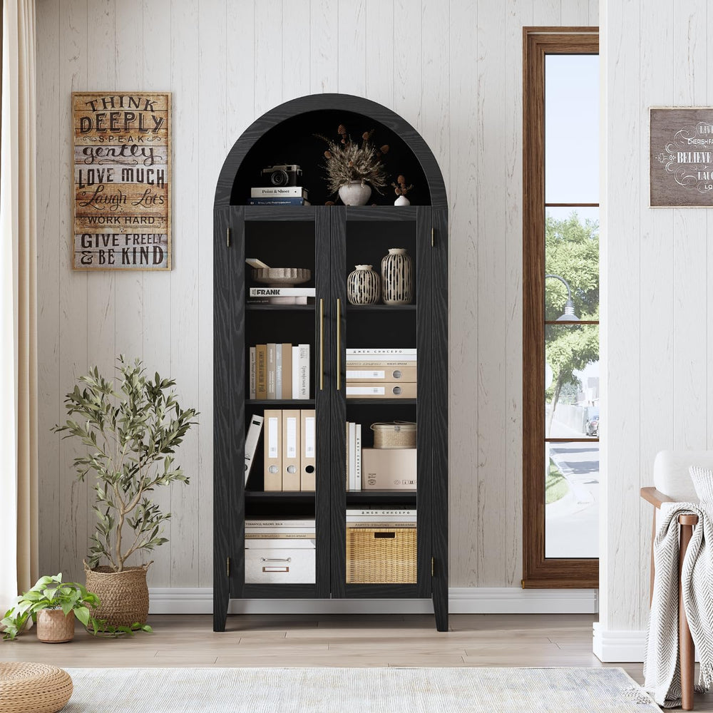 IDEALHOUSE Arched Kitchen Pantry Cabinet with Glass Doors, 5-Tier Farmhouse D...