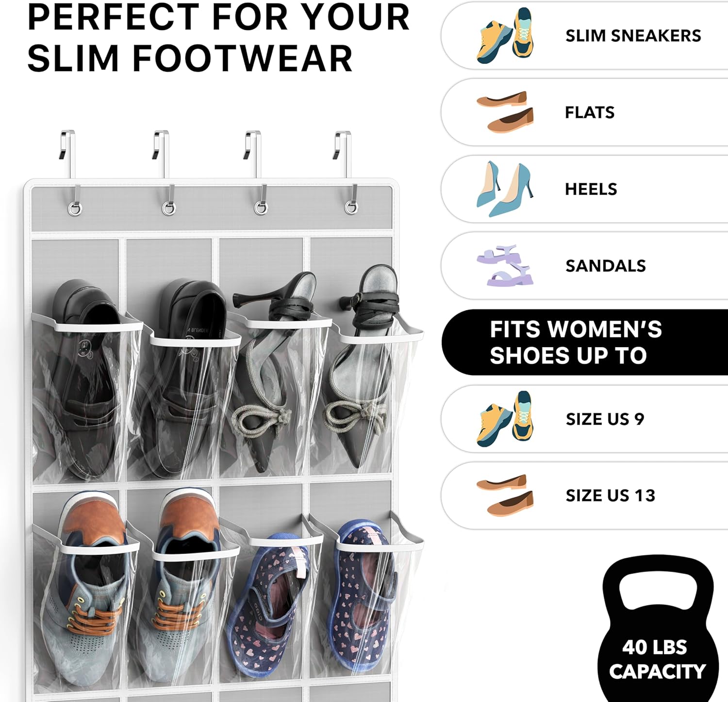 Simple Houseware 24 Pockets Clear Over the Door Shoe Organizer, Gray | 64" x 19", 4 Durable Metal Hooks, 4.3" x 9.5" Pocket Size, Multipurpose