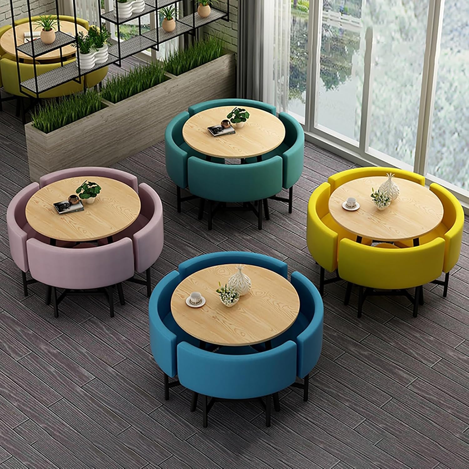 Cotton and Linen Table and Chair Set,Round Kitchen Dining Table Set for 4,Office Negotiation Table and Chair Combination,with 1 Table and 4 Chairs,for Balcony Living Room Dining.