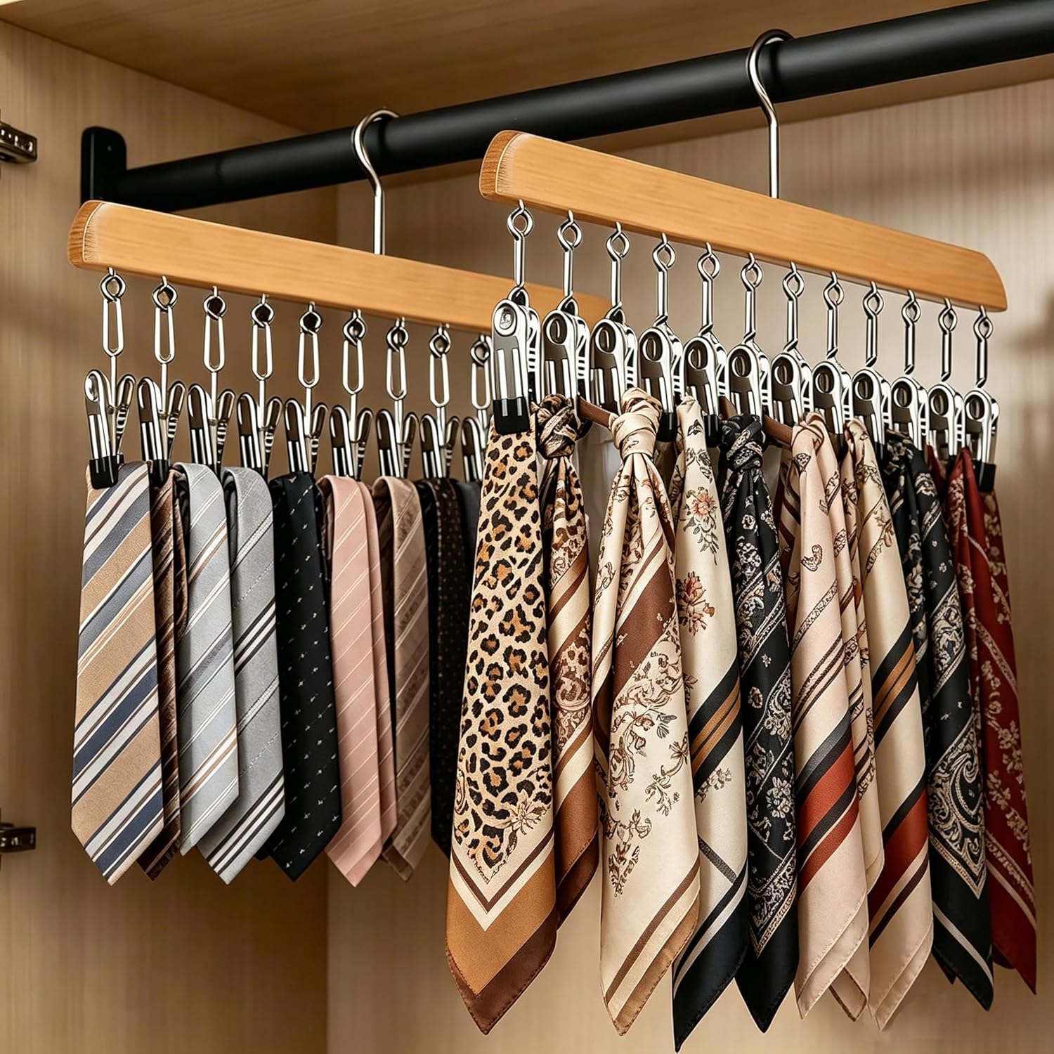 Closet Organizer with 10 Clips, 2 Pack Wooden Hanging Storage Hanger, Space Saving Multifunctional Rack for Ties, Scarves, Hats & Small Accessories