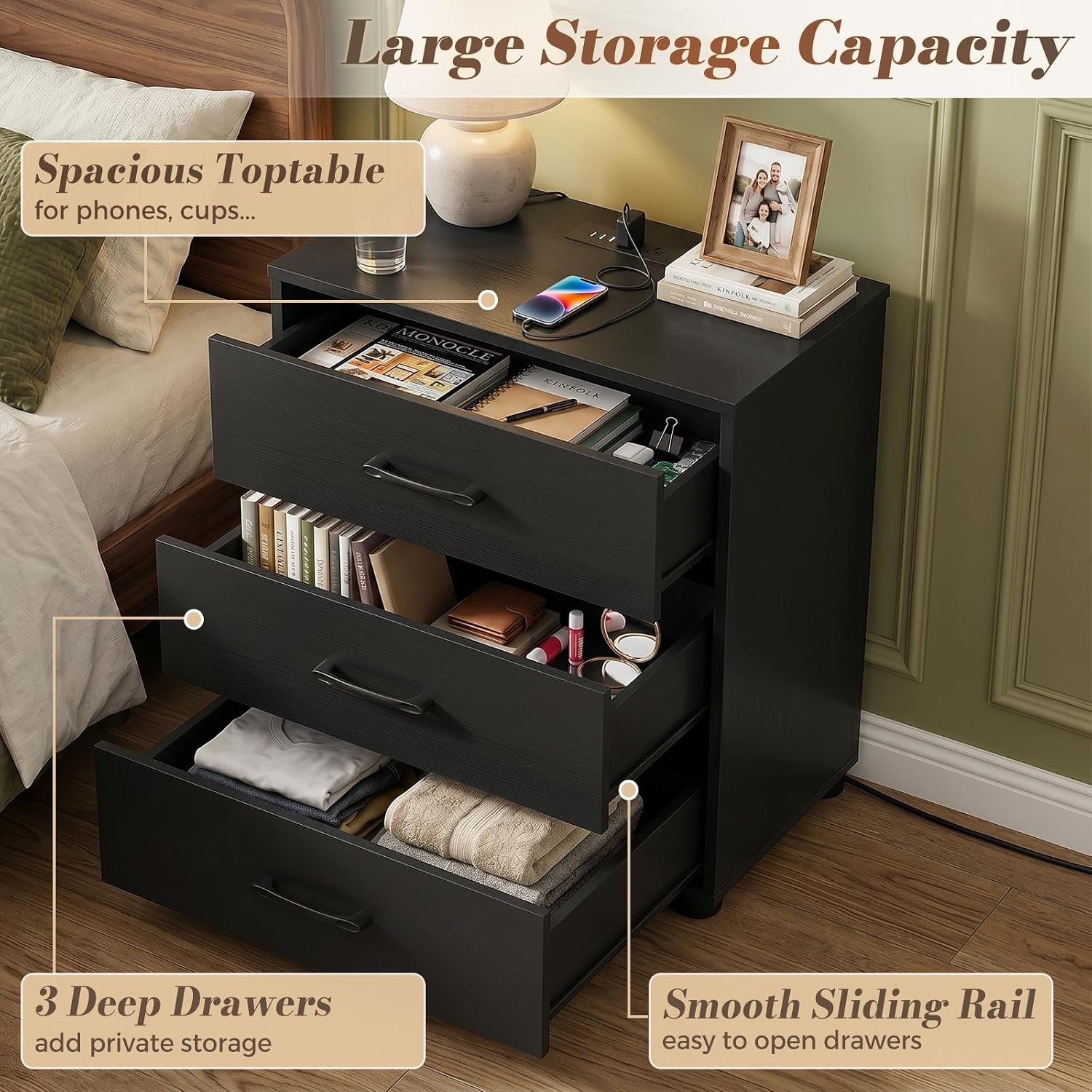 Aheaplus Night Stand Set of 2 with Charger Station, 21.7'' Wider Nightstands with 3 Wooden Drawers, Large Tall Bedside Table, Modern End Side Table Set, Nightstand for Bedroom, Black