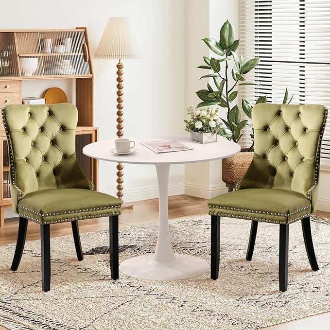 3-Pieces 31.5" Round Dining Table Set for 2,White Dining Table & 2 Velvet Upholstered Dining Chairs for Kitchen Dining Room Apartment Small Space(White Table & Olive Green Chairs)