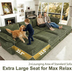 DreamDashio 7-Seat Sectional Sofa, Oversized Extra Wide Deep Seat Giant Detachable Modular Cloud Couch, Certified Corduroy Fabric with Storage & Detachable & Adjustable Arms, for Living Room, Green