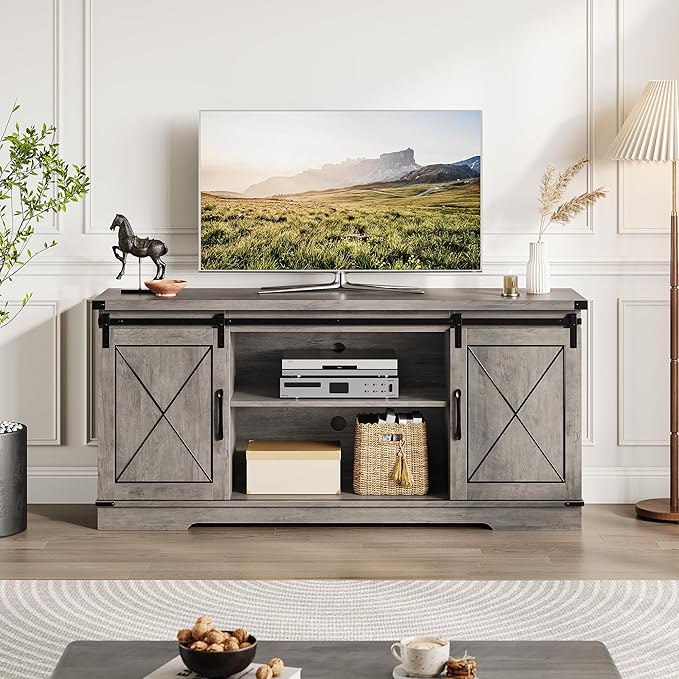 IDEALHOUSE Farmhouse TV Stand for 65 inch TV, Entertainment Center with Sliding Barn Doors and Adjustable Shelves, Rustic Wood Media Console Table for Living Room, Bedroom, Grey