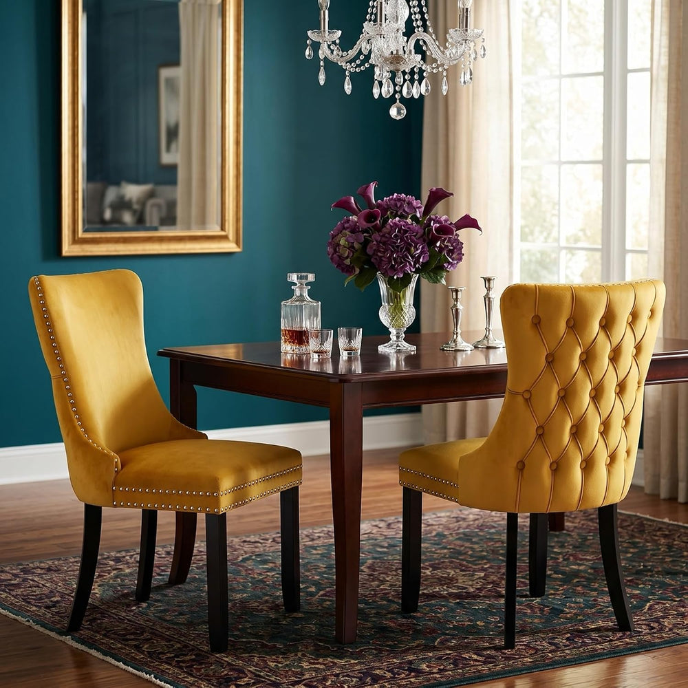 Set of 2 Velvet Dining Chairs, Elegant Tufted High Back Accent Chairs with Na...