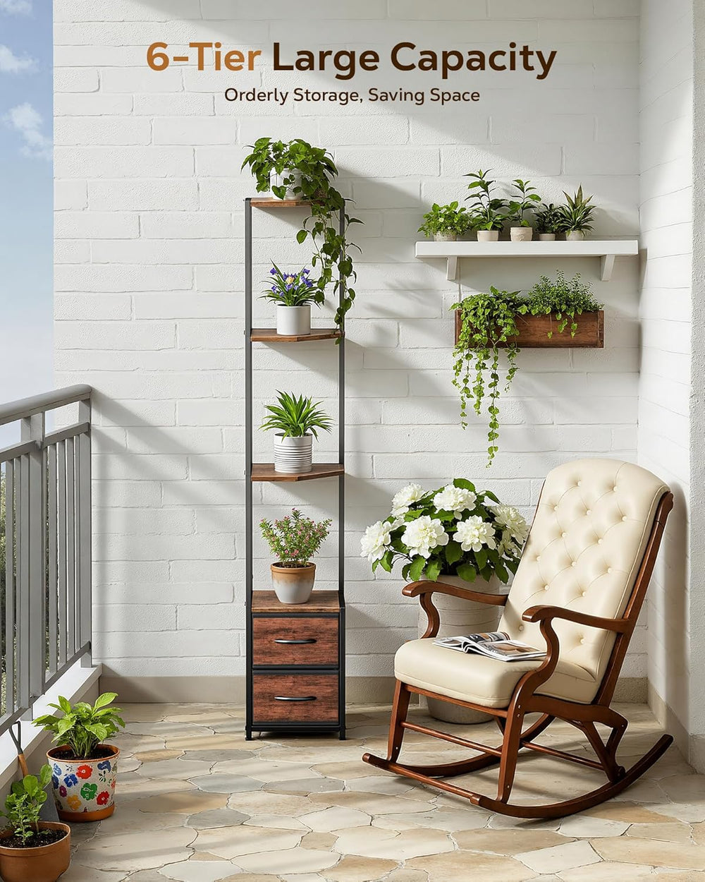 Housolution 6 Tier Corner Shelf Stand with Storage and Fabric Drawers,Brown