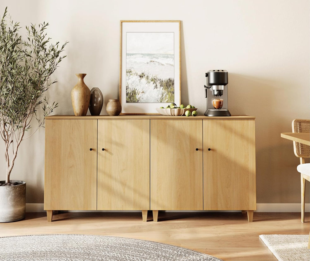 WAMPAT 71" Wide Wood Sideboard Buffet Table with 4 Doors – Large Oak Cre...