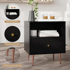 Black Night Stand Set 2,Modern Bedside Table with Door and Open Storage,Fluted Nightstand and Wood End Side Table with Rose Gold Metal Legs and Handles for Bedroom,Living Room,Black