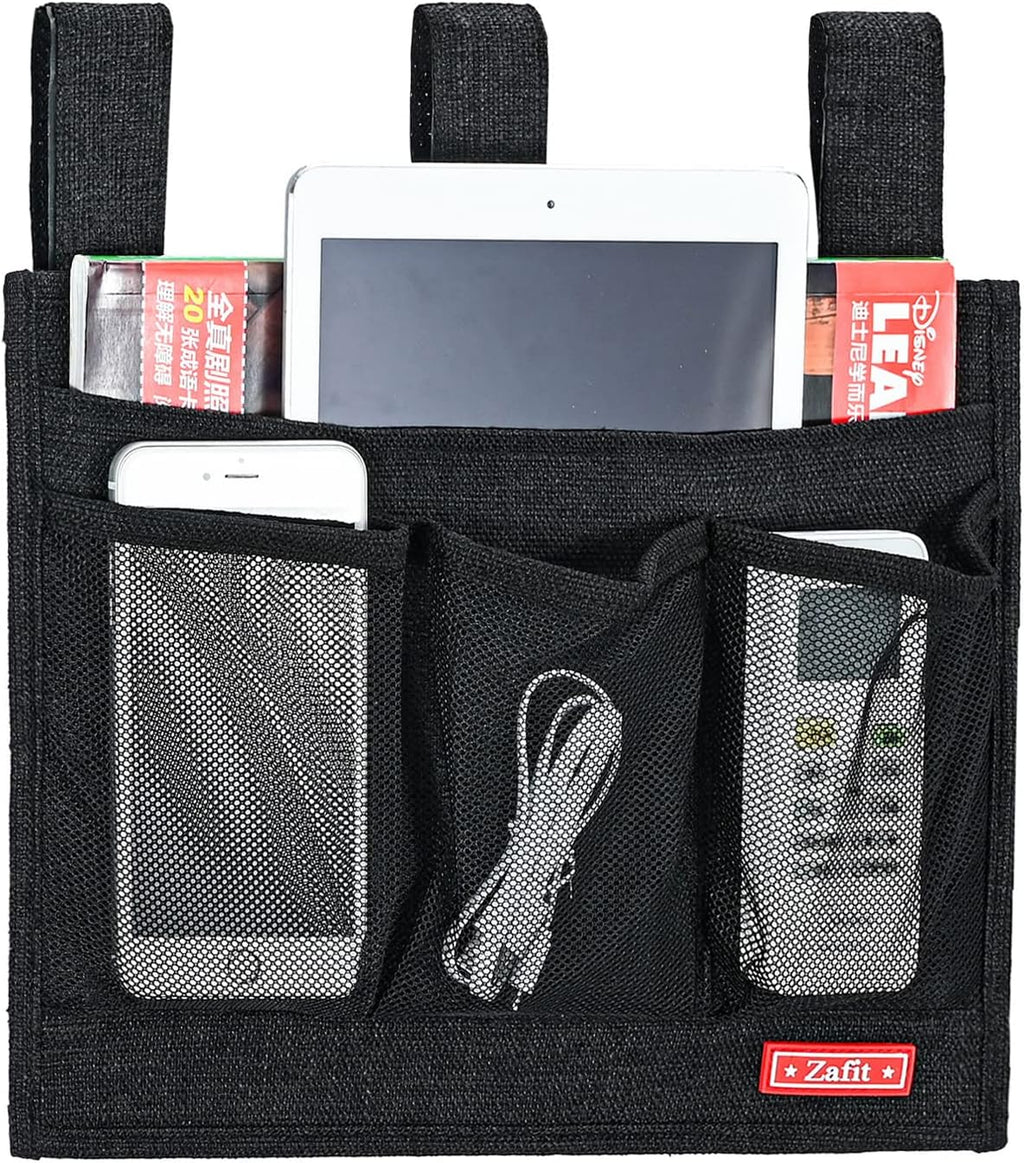 Linen Bedside Caddy, Bedside Storage Organizer for Hospital Beds, College Dorm Rooms or Baby Bed (Classic 4 Pockets Black)