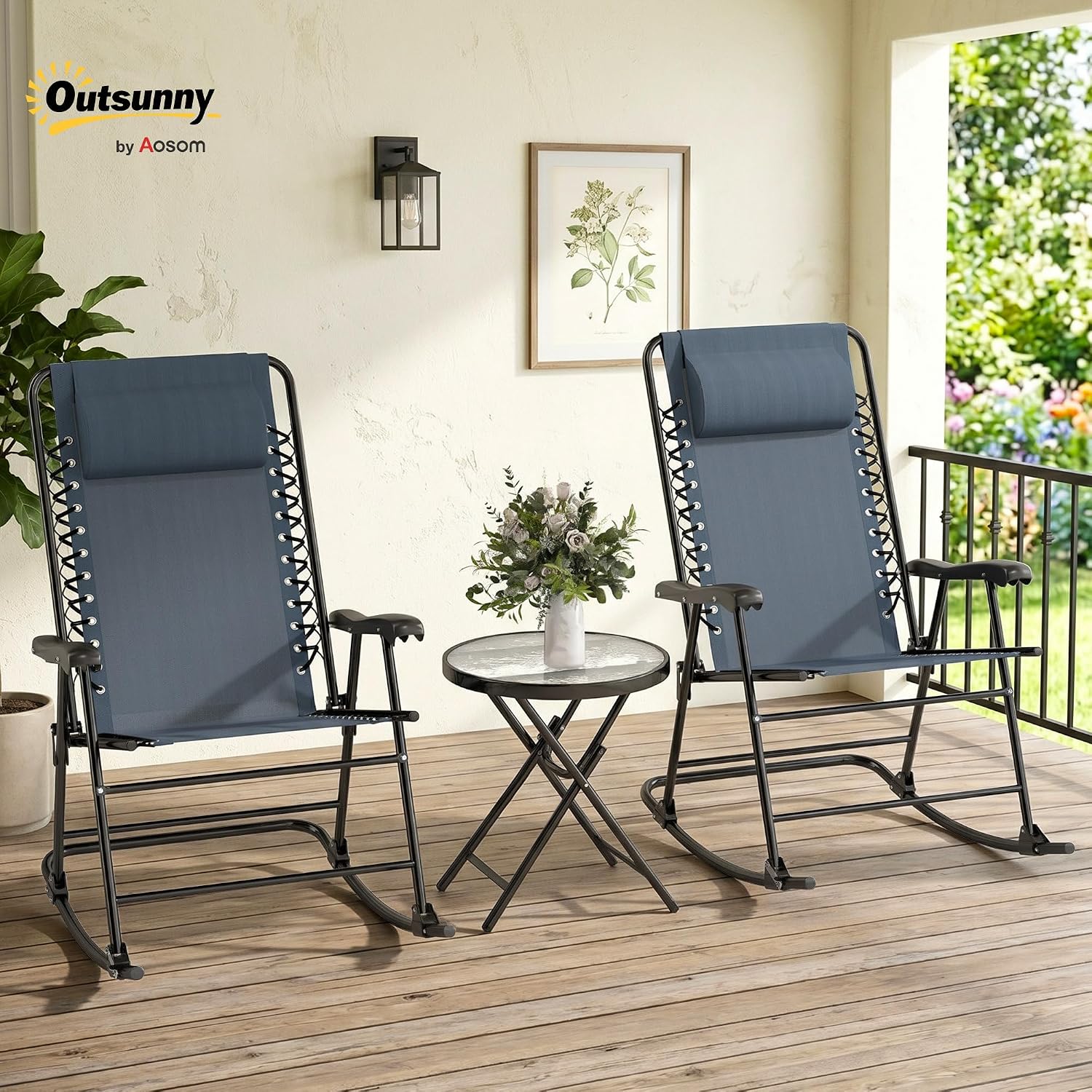 Outsunny 3 Piece Outdoor Rocking Bistro Set, Patio Folding Chair Table Set with Glass Coffee Table for Yard, Patio, Deck, Backyard, Grey
