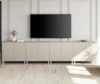 WAMPAT Modern TV Stands Entertainment Center for 100+ Inch TVs, 4-in-1 Beige Wood Television Stand with Doors, Extra Wide Media Console Tables with Storage Cabinets for Living Room, 141.6x15.3x32.4
