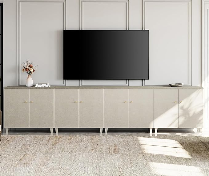 WAMPAT Modern TV Stands Entertainment Center for 100+ Inch TVs, 4-in-1 Beige Wood Television Stand with Doors, Extra Wide Media Console Tables with Storage Cabinets for Living Room, 141.6x15.3x32.4