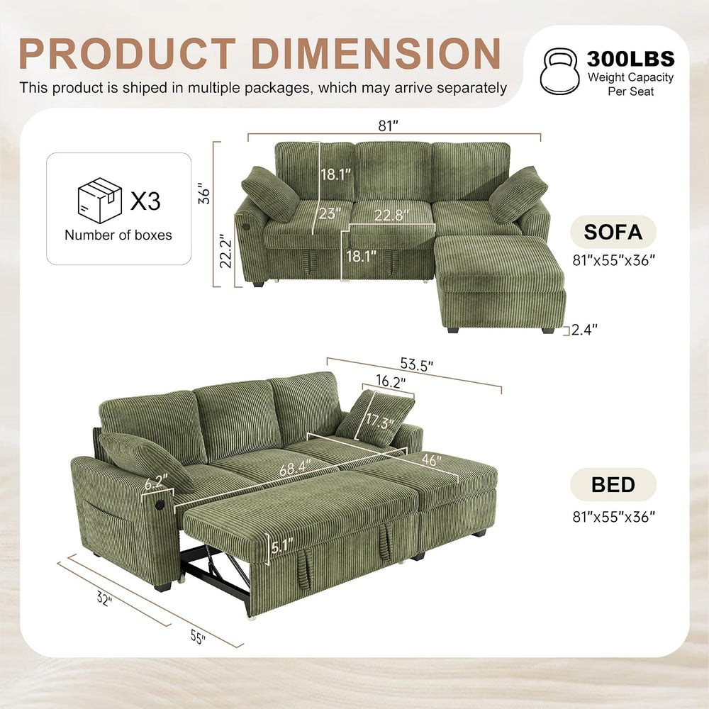 Hanherry 81" Sectional Couch with Pull Out Bed,3 Seat Corduroy Sleeper S...