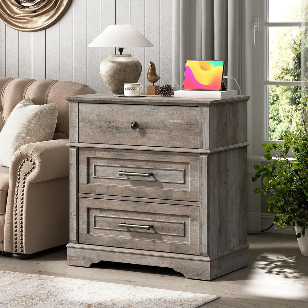 RALGEND 3 Drawer Tall Nightstand with Charging Station, Farmhouse Bedside Tab...