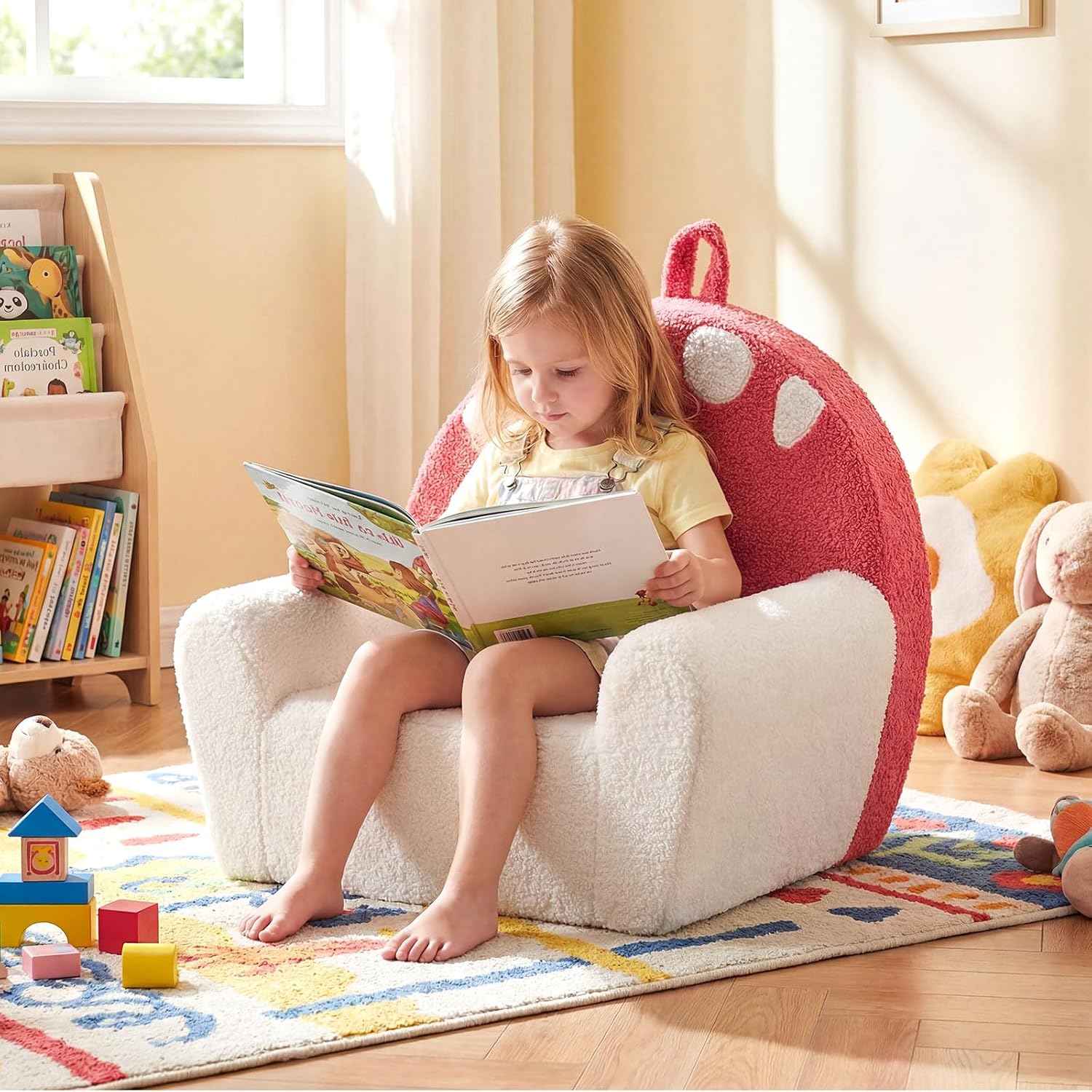 Costzon Kids Couch, Comfy Toddler Soft Sofa Chair with Fleece Fabric Cover, Kids Furniture for Playroom, Children Reading Armchair for Boys & Girls Gifts Aged 3+ (Medial,Red Mushroom)