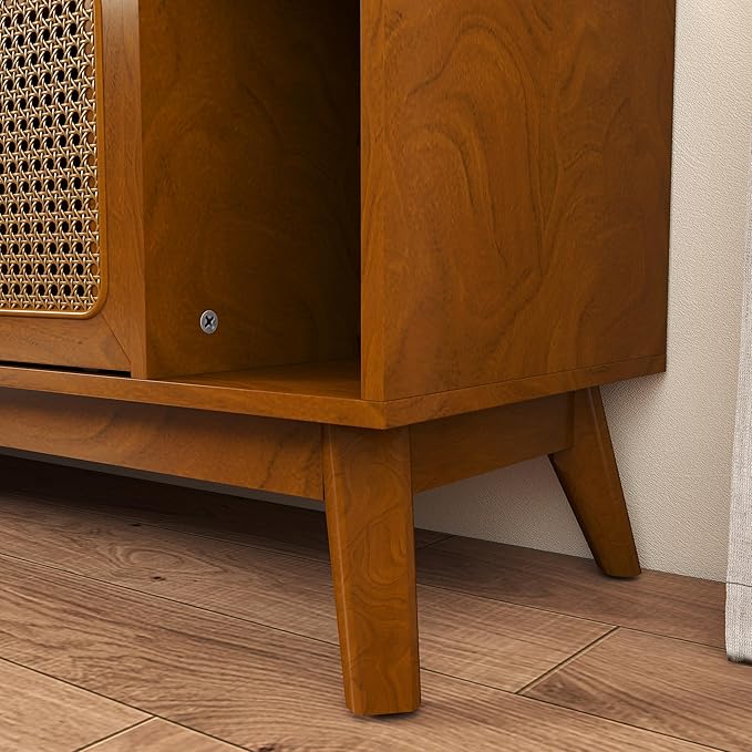 Ball & Cast 68" Mid Century Modern TV Stand for TVs up to 75", Media Console with Rattan Sliding Doors, Open Shelves & Solid Wood Legs, Entertainment Center for Living Room,Bedroom,Light Walnut