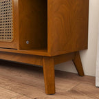 Ball & Cast 68" Mid Century Modern TV Stand for TVs up to 75", Media Console with Rattan Sliding Doors, Open Shelves & Solid Wood Legs, Entertainment Center for Living Room,Bedroom,Light Walnut